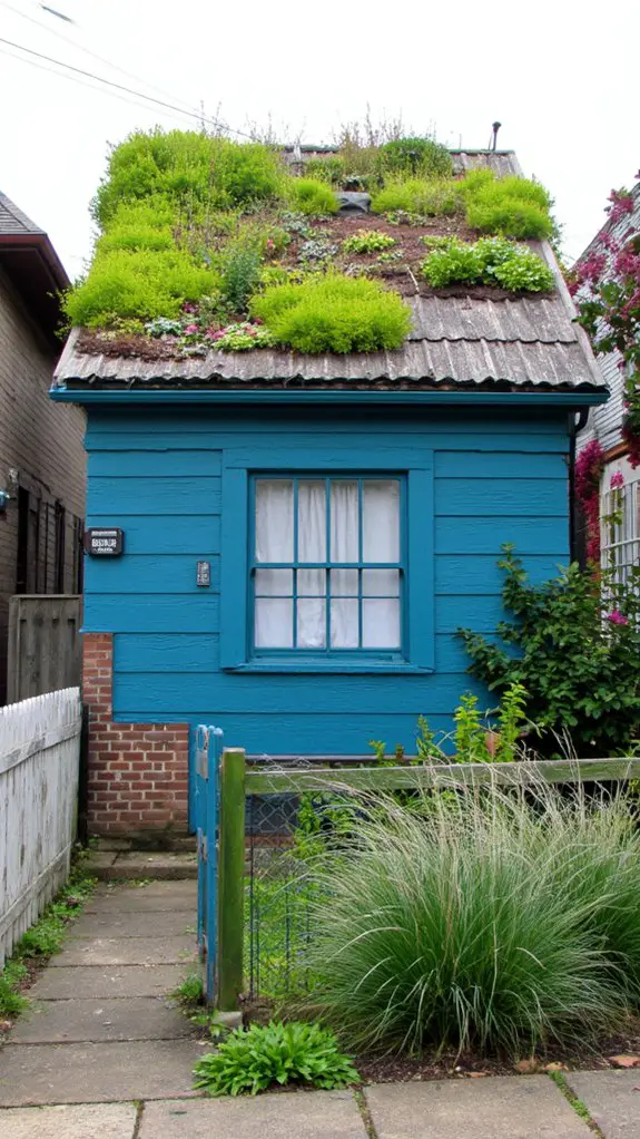 teal house with green roof