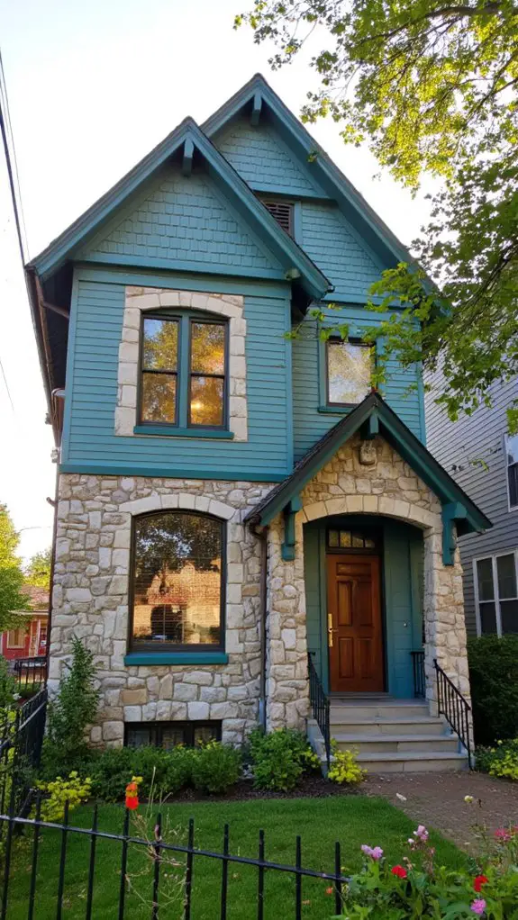teal house with stone