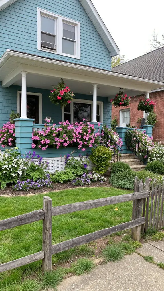 teal house with vibrant blooms