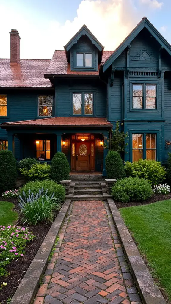 teal mansion with copper accents