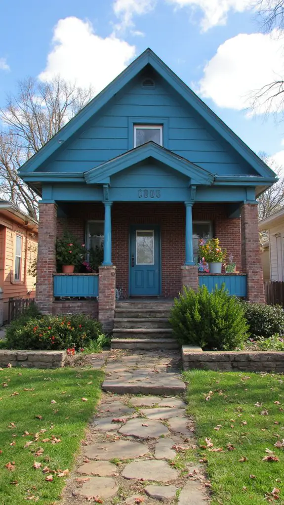 teal roof enhances blue exterior