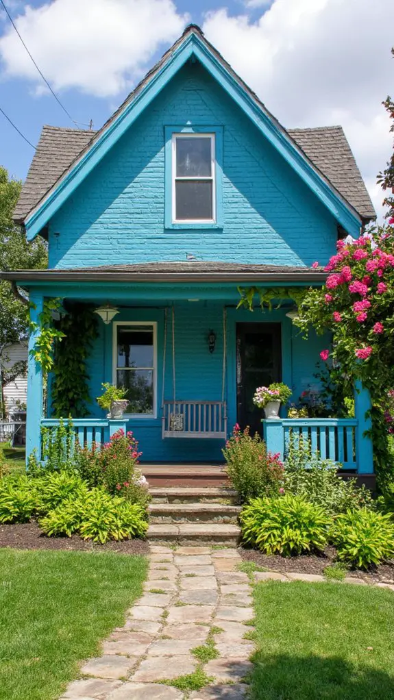 turquoise home with lush landscaping