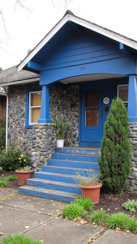 vibrant blue stone bungalow