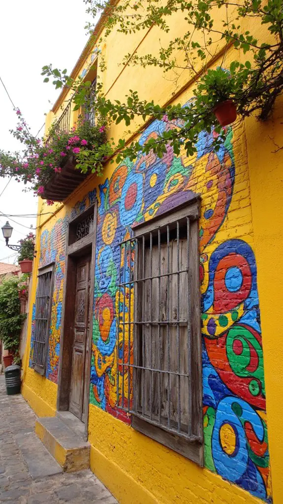 vibrant murals on yellow