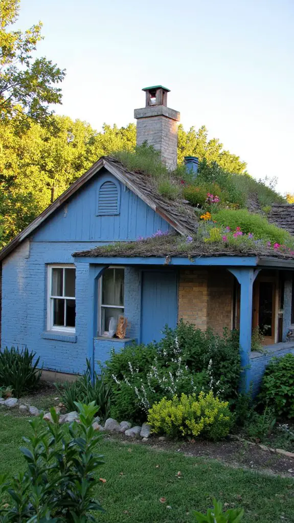 vibrant plant covered blue roof