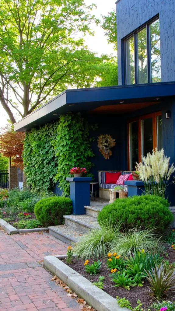vibrant plants enhance blue exteriors