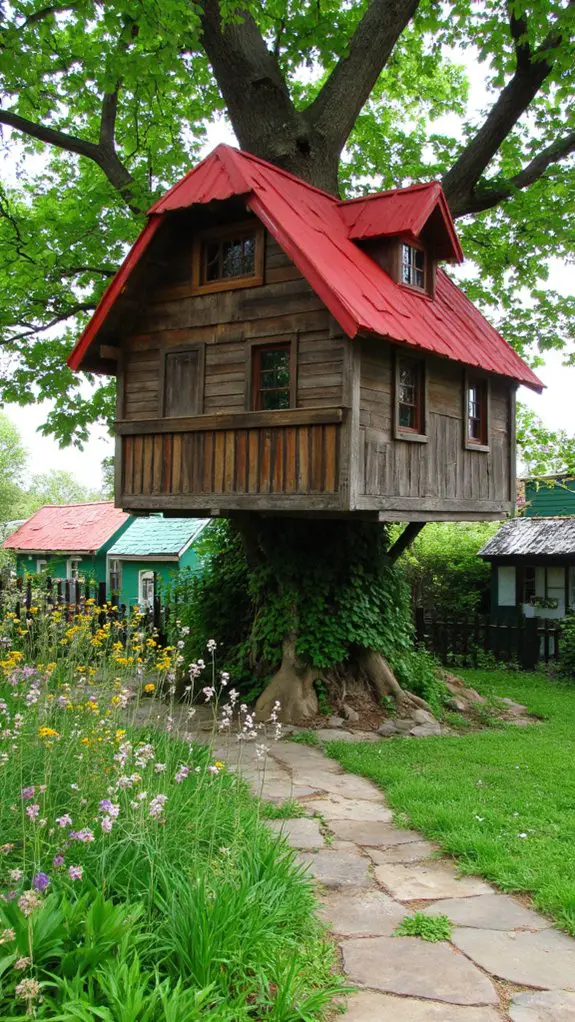 whimsical ruby roofed treehouse