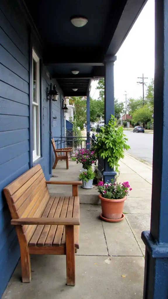 wood benches enhance porch