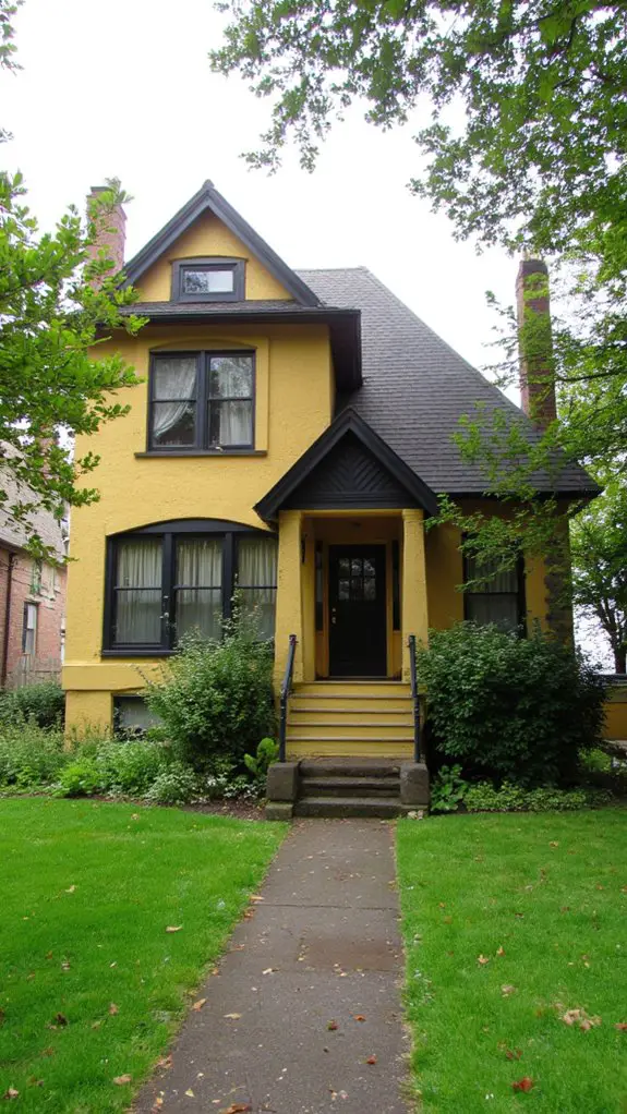 yellow tudor with black windows
