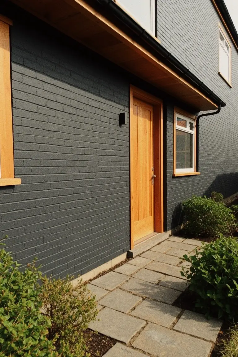 House exterior with deep charcoal gray painted brick walls, warm wooden door, and stone pathway lined with shrubs