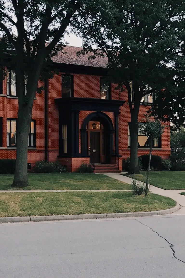 Red brick house with black window trim, door arch, and entry under mature trees