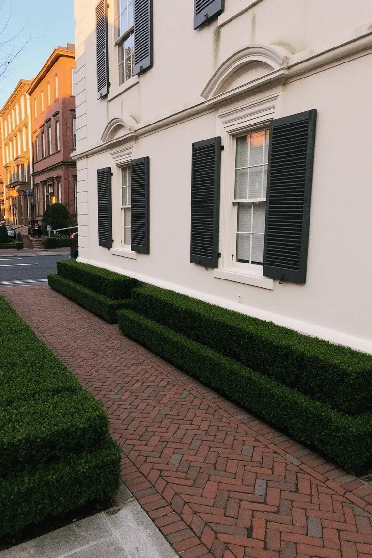 Classic white clapboard house with black shutters, boxwood hedges, and brick path in historic neighborhood