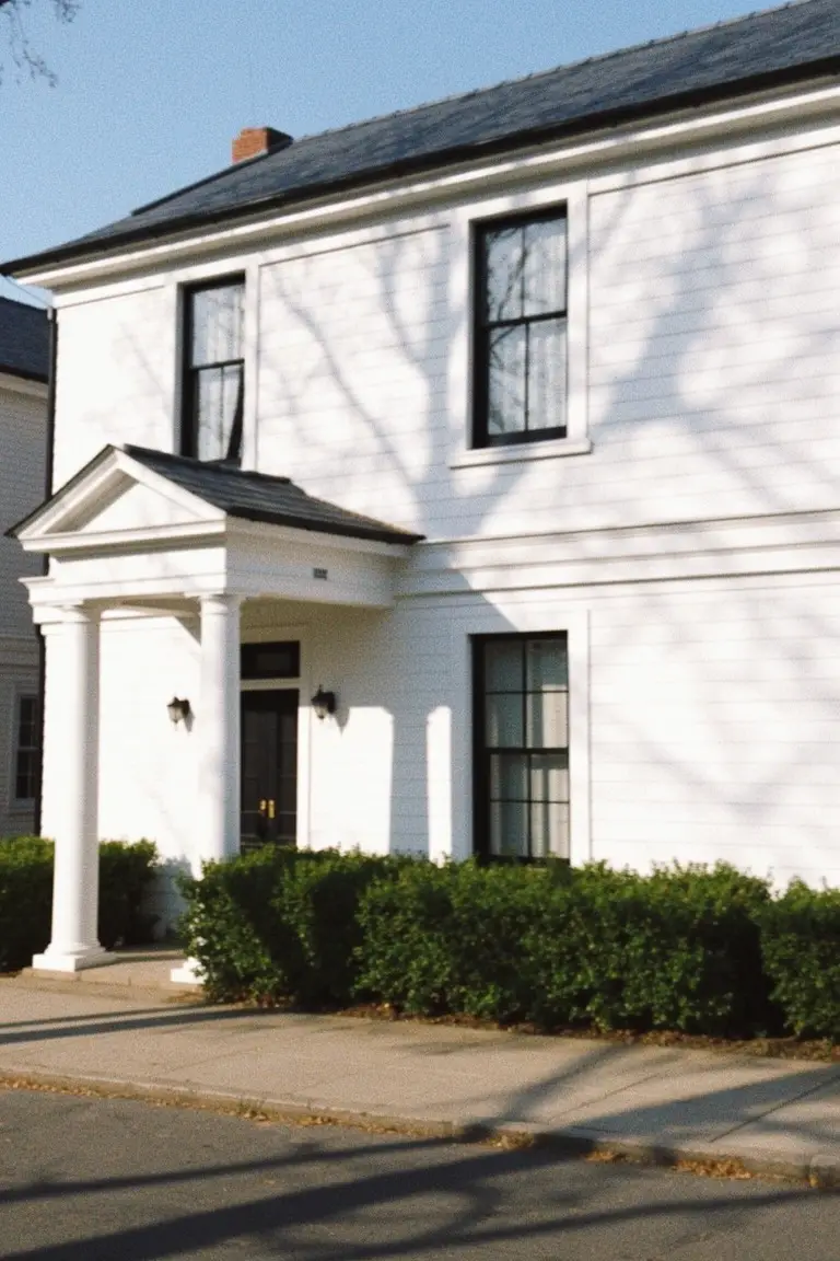 Classic white clapboard house with black trim and columns