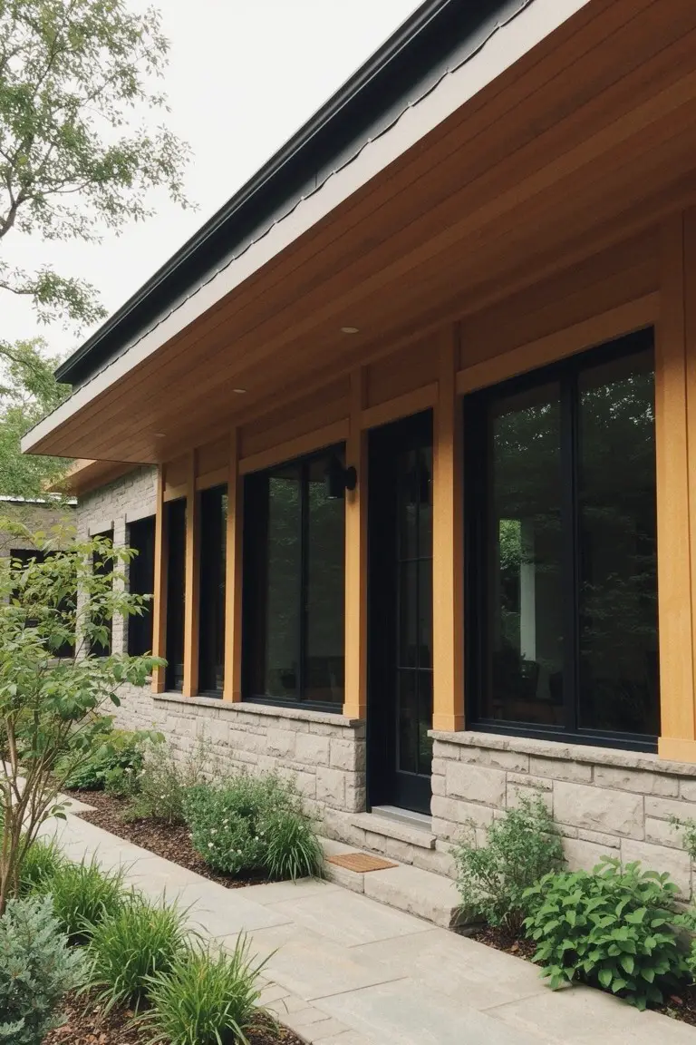 Modern house exterior with deep black window frames and door, warm wood siding overhang, and light stone base.