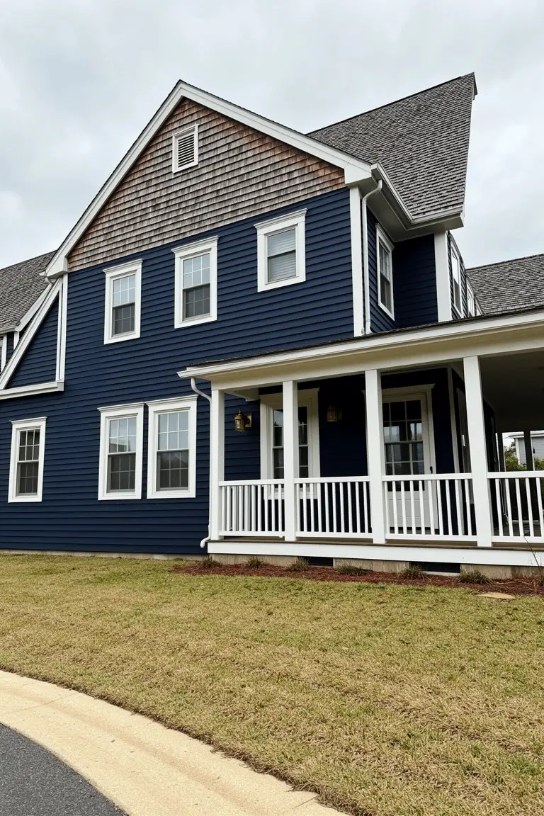 Two-story house painted deep navy blue with white trim, shakes roof, and porch for a classic refined exterior look