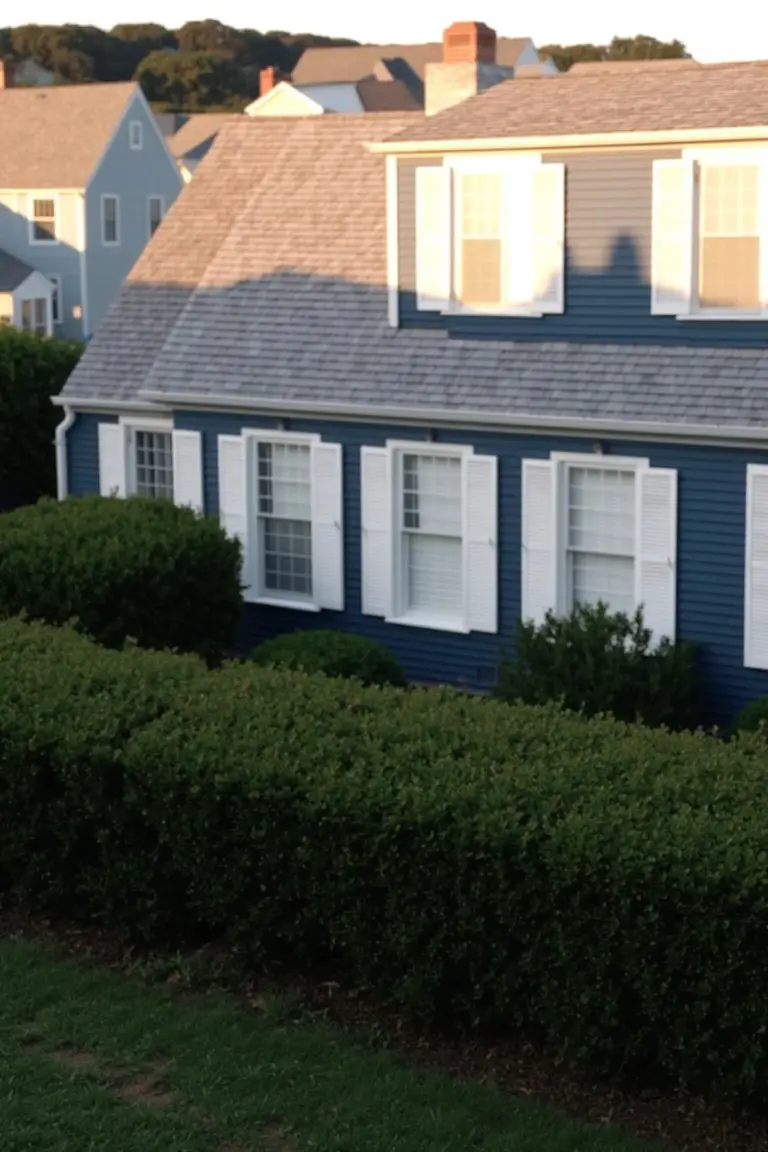 Deep navy blue house siding with white shutters and trim, edged by lush green hedges