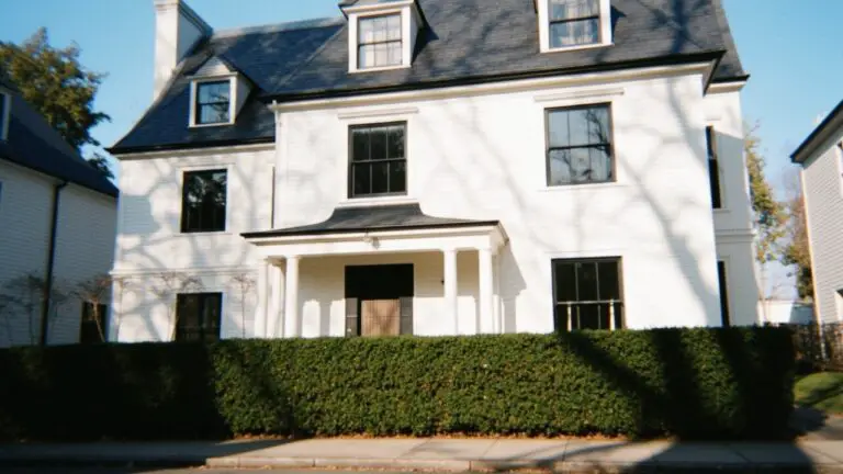 Classic white clapboard house with black trim and columns
