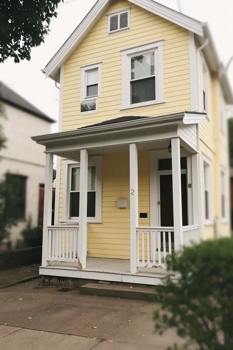 Two-story pale yellow house with white trim, porch columns, and red front door under overcast sky