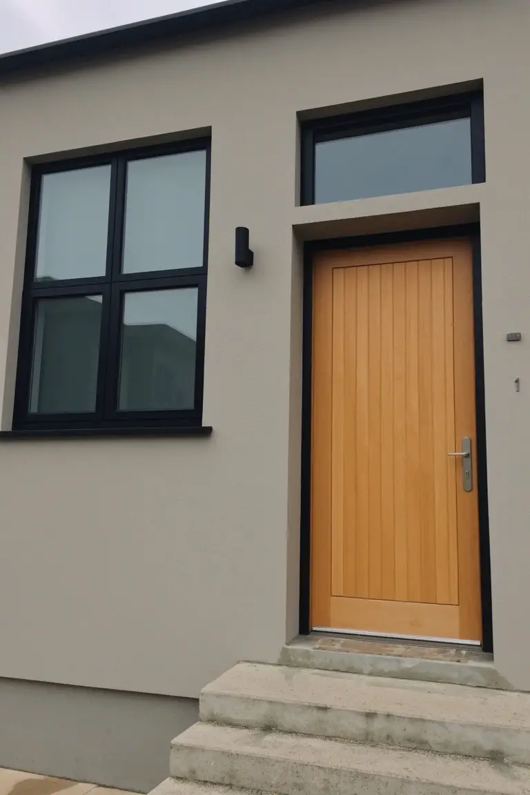Modern house exterior featuring soft greige siding, a warm wooden front door, black window frames, and a simple concrete entry step