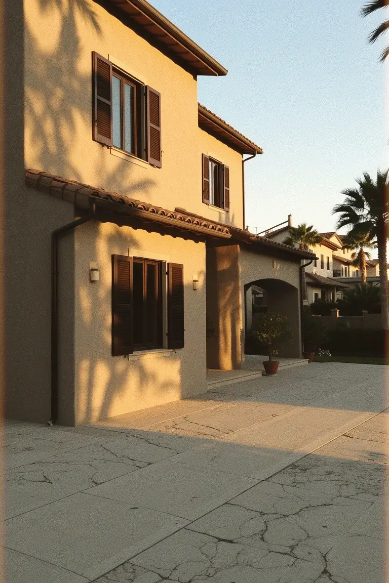 Warm beige stucco house exterior with dark shutters, arched entry, and palm trees in soft evening light