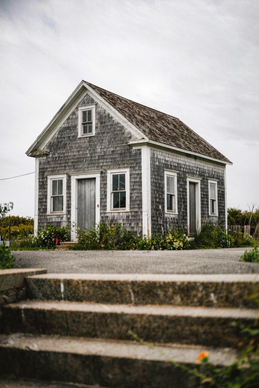 Gray clapboard farmhouse with white trim and shingled roof on stone steps amid seaside plants