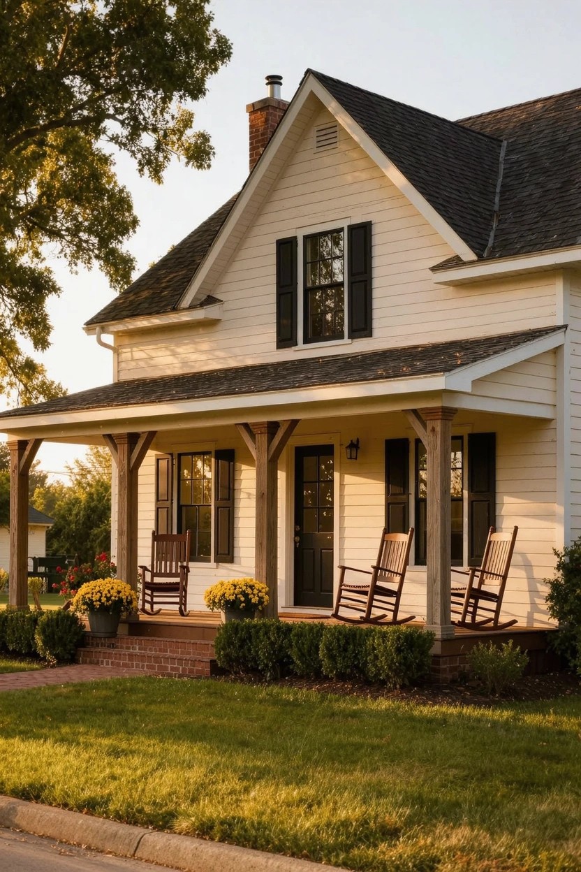 Farmhouse home with creamy white siding, wide front porch with rocking chairs, black shutters, brick chimney, and potted plants on a green lawn
