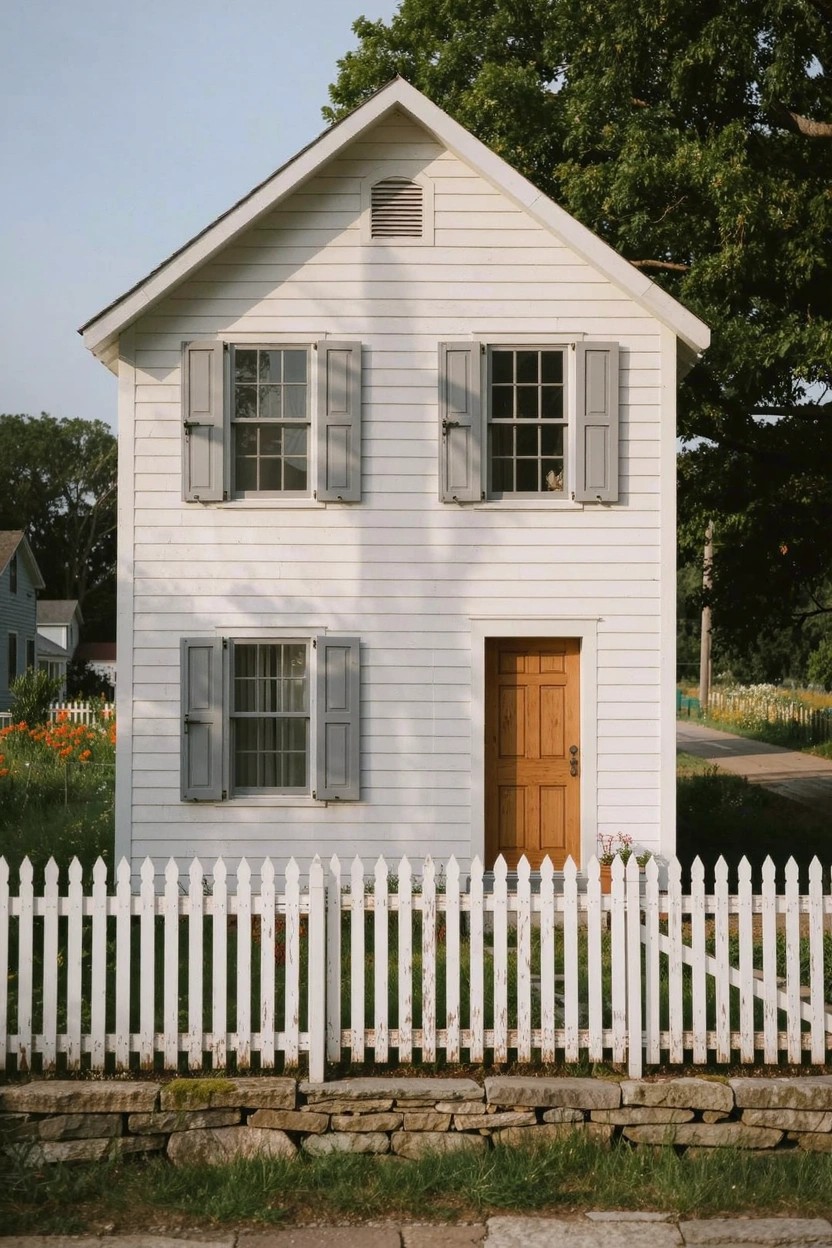 Two-story white farmhouse with gray shutters, wood door, picket fence, and stone wall base