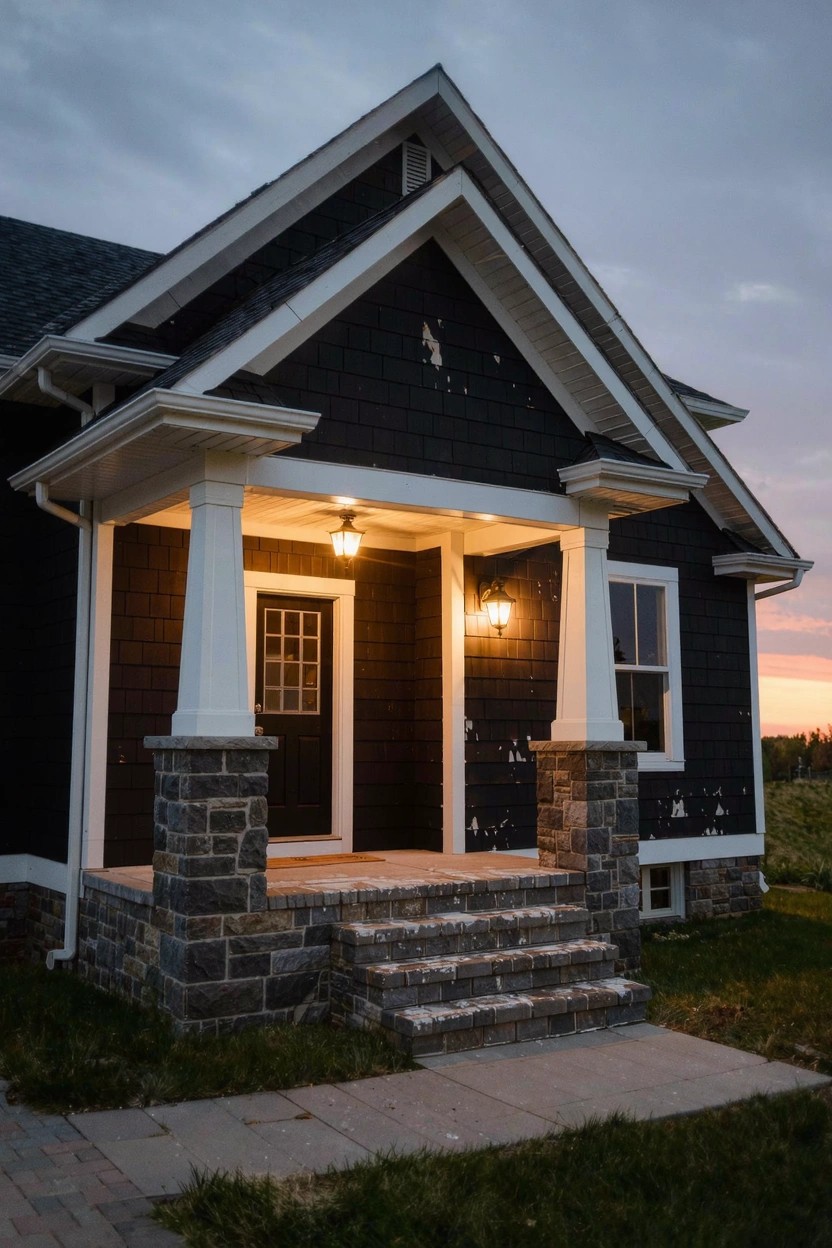 Dark charcoal gray farmhouse house with white trim, stone pillars, and warm porch lights at dusk