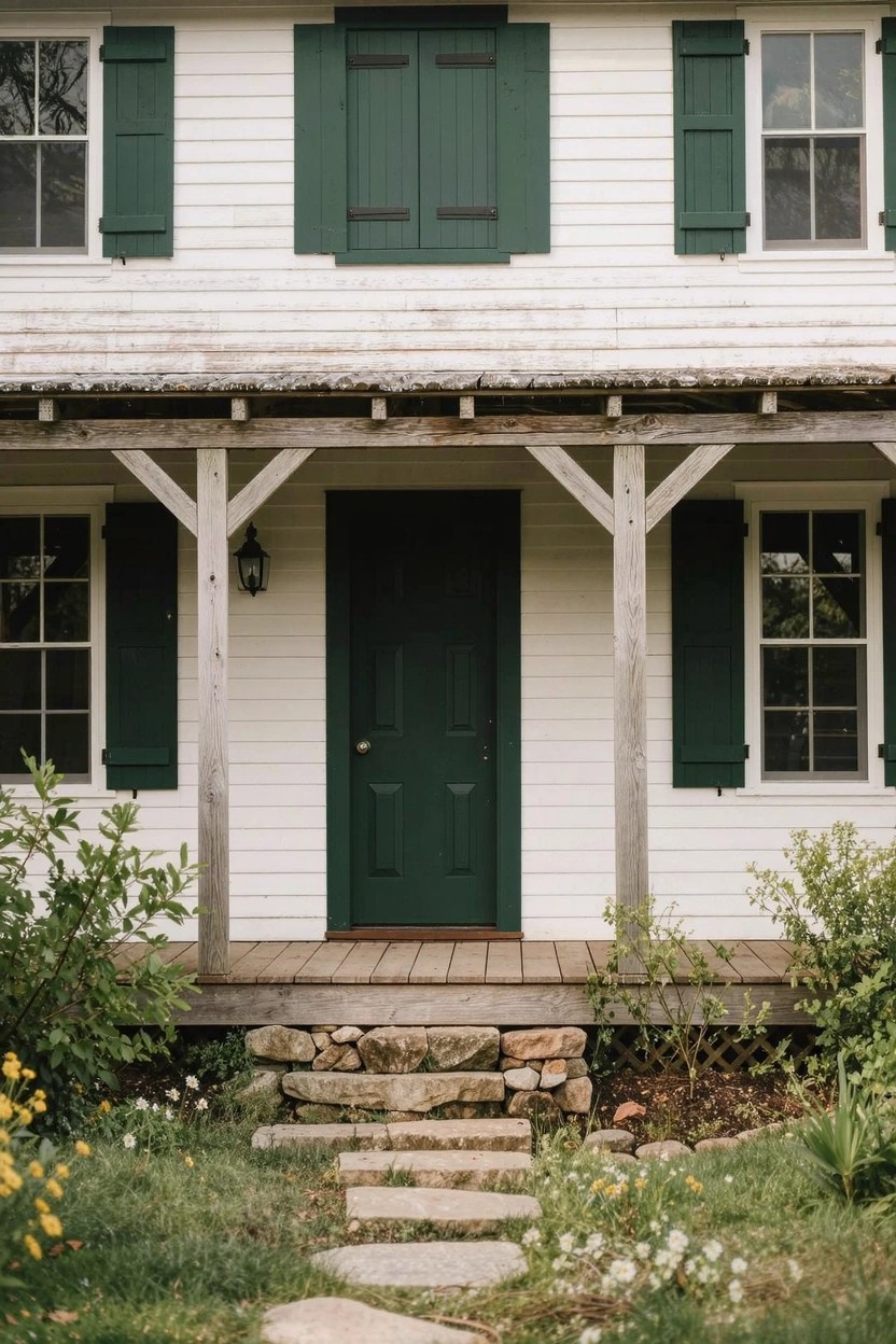 Classic white farmhouse exterior with dark green shutters, green front door, wooden porch posts, and stone steps amid greenery