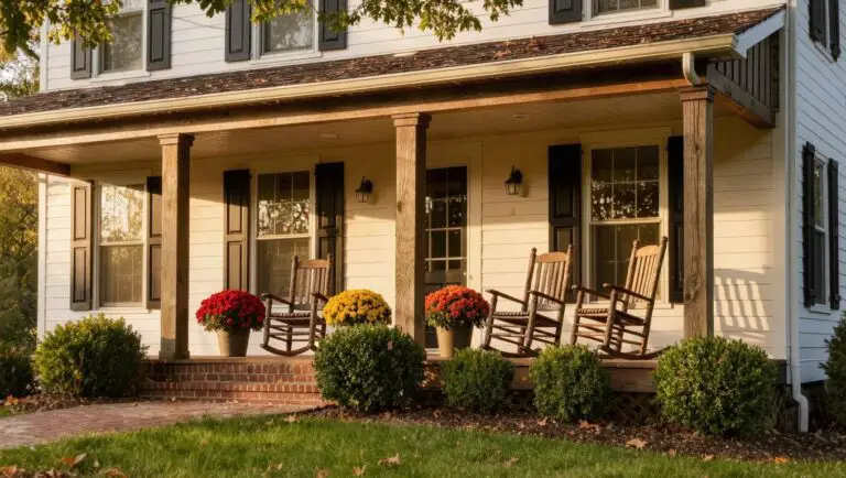 Farmhouse home with creamy white siding, wide front porch with rocking chairs, black shutters, brick chimney, and potted plants on a green lawn