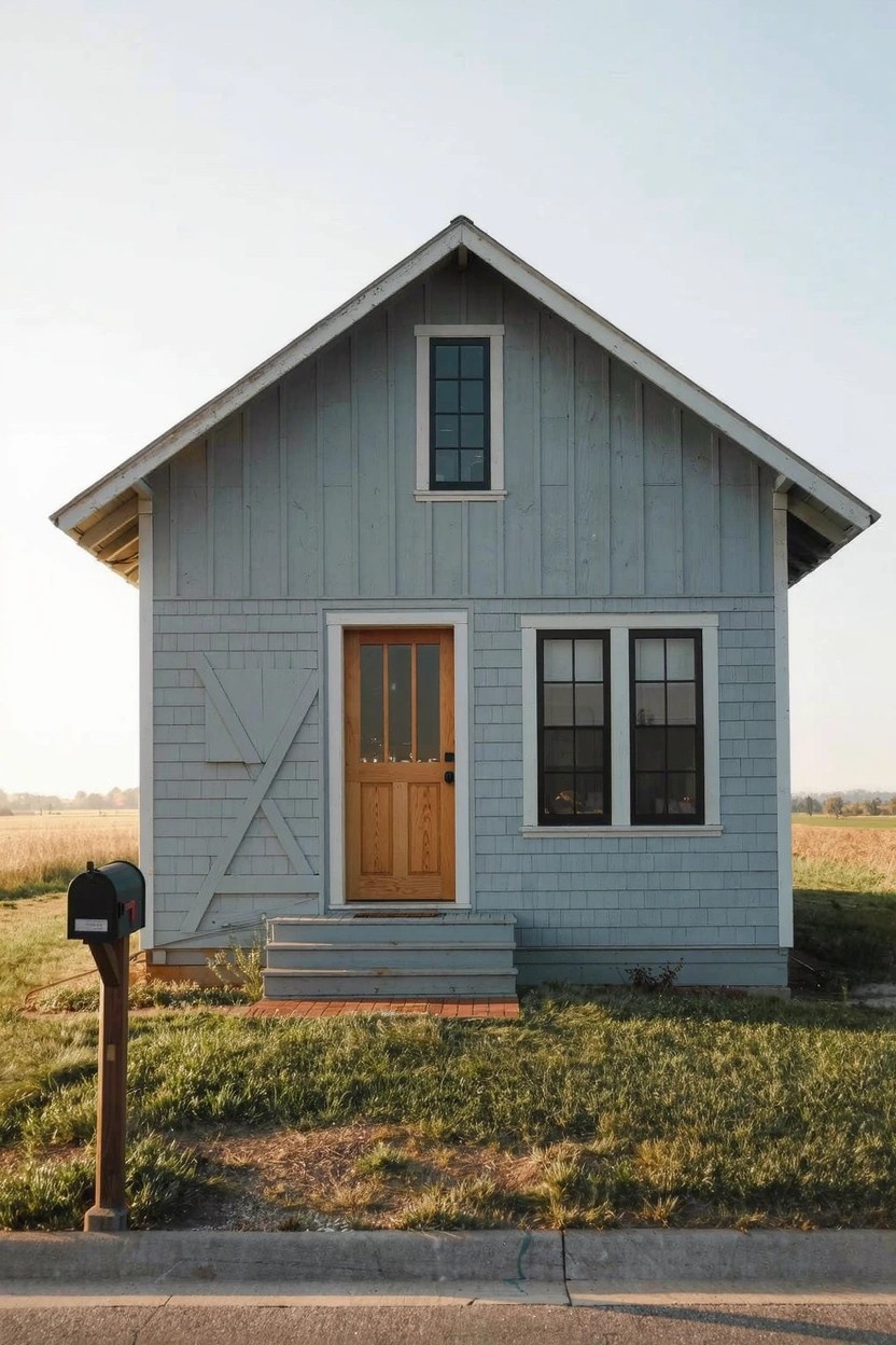 Small cozy farmhouse with light cool gray siding, wooden front door, and mailbox on a grassy lot