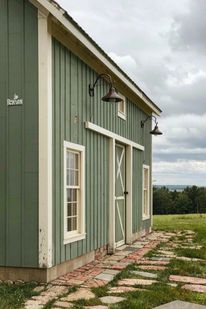 Farmhouse barn exterior in muted sage green siding with white window trim and lanterns