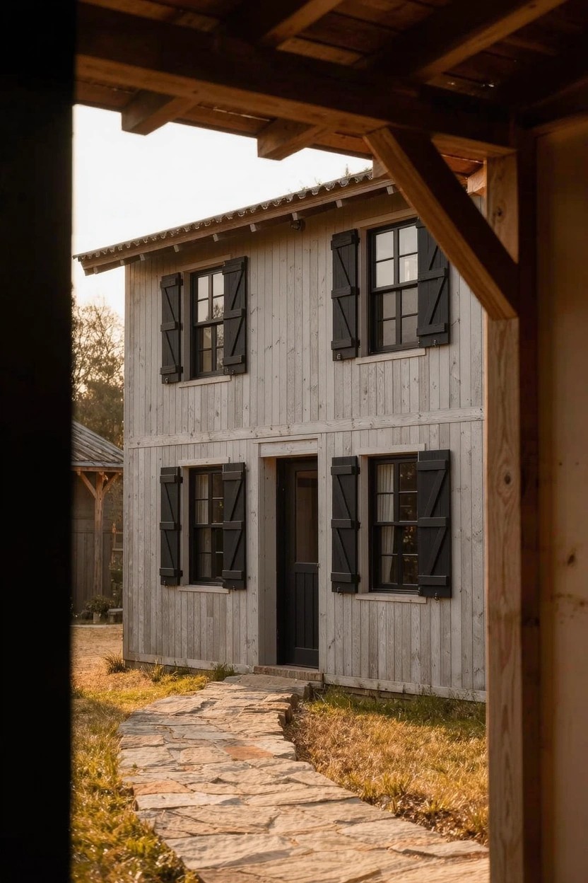 Cozy farmhouse exterior featuring soft light gray siding, black shutters and door, with stone path and wood beams