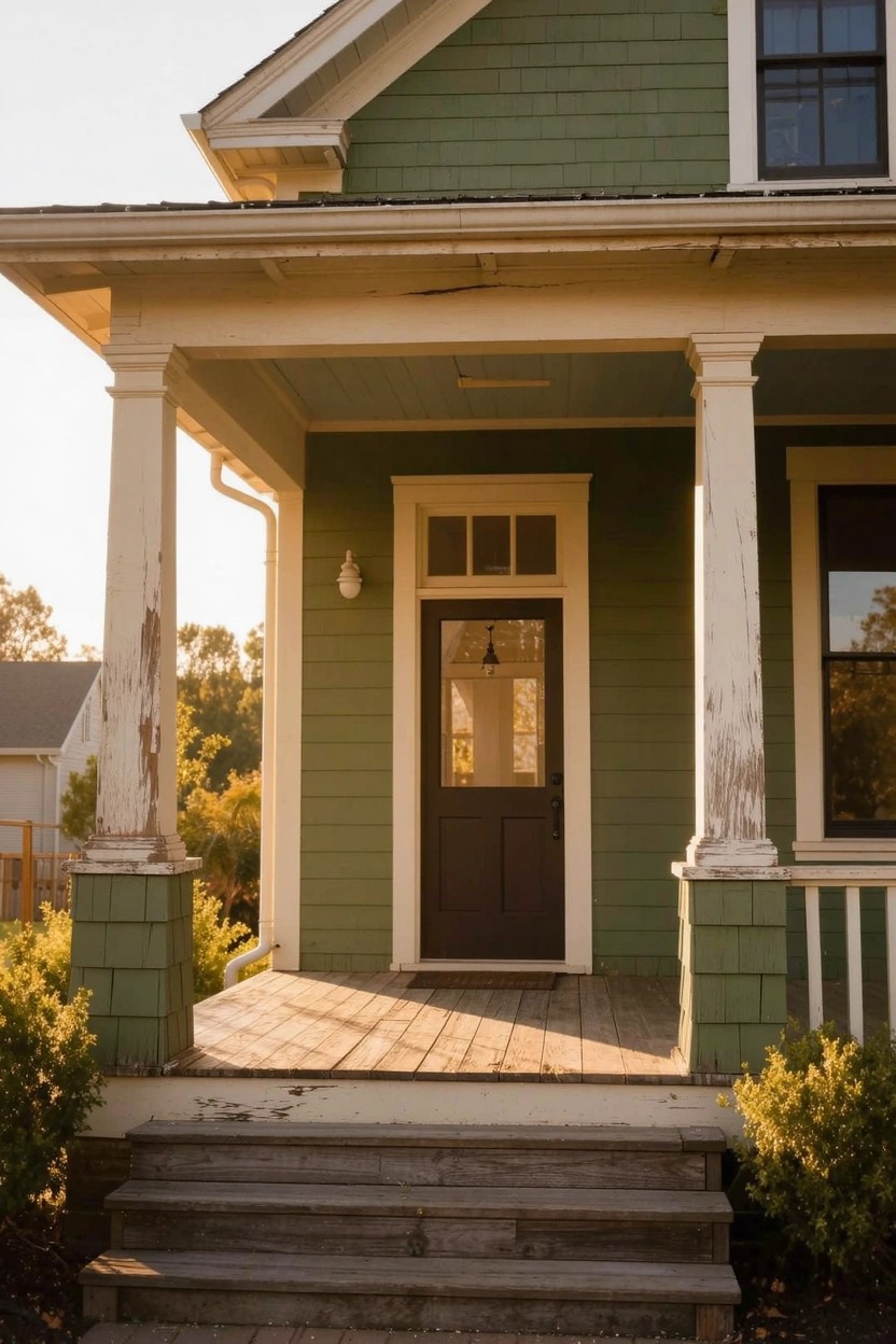 Sage green farmhouse exterior with white trim, dark wood door, and porch columns in warm light