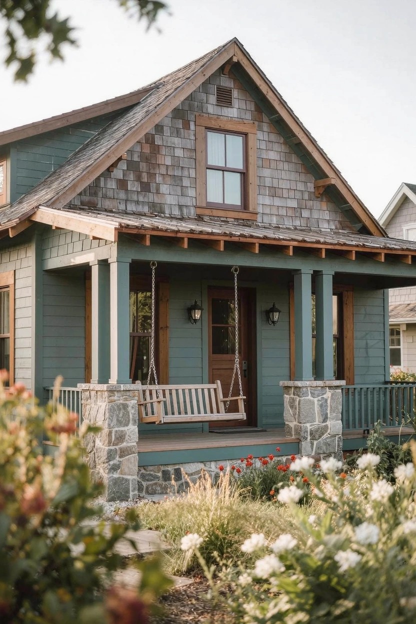 Cozy sage green farmhouse with wraparound porch, wooden swing, stone supports, and garden flowers