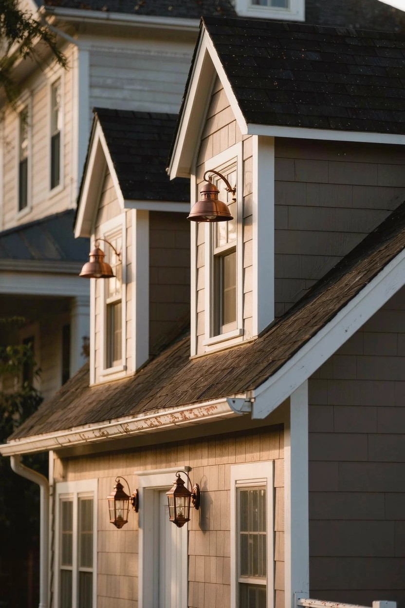 Farmhouse exterior with warm greige siding, white window trim, and copper wall lanterns on a gabled section