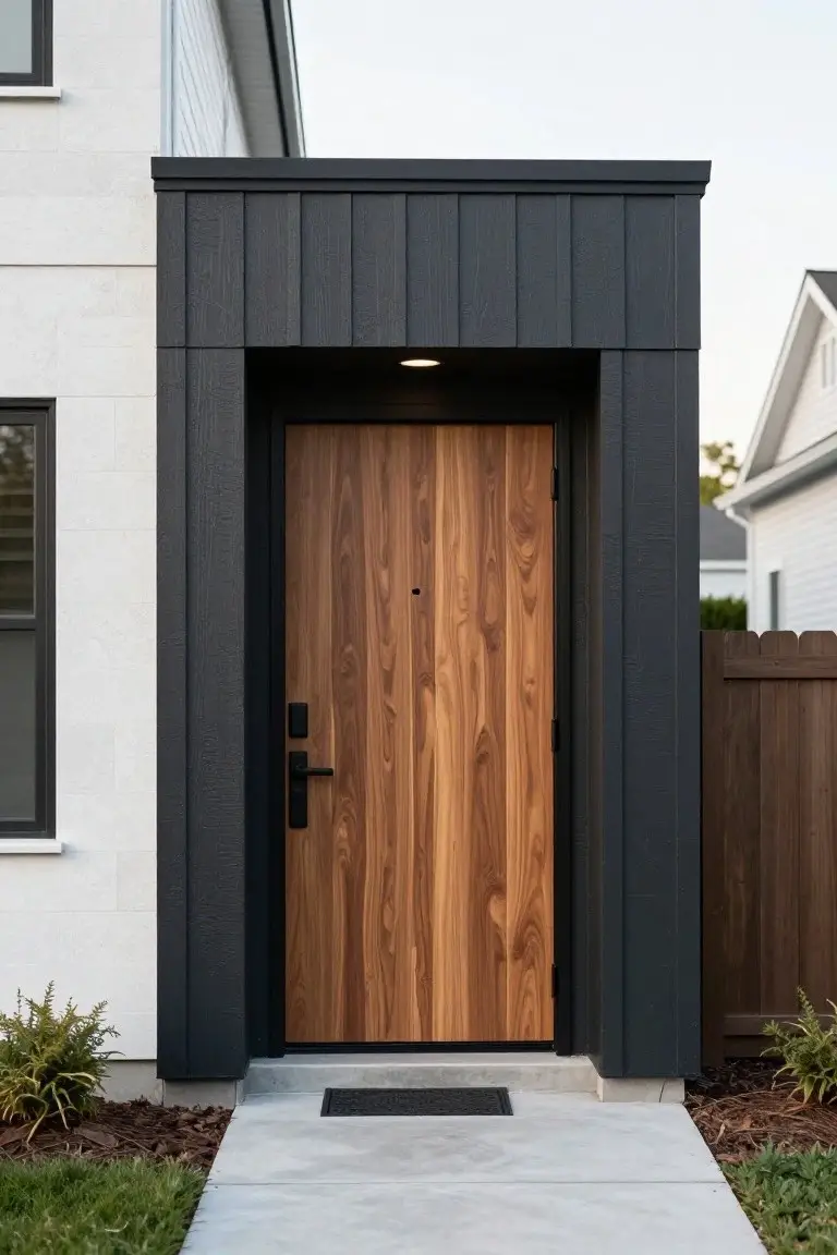 Modern entryway with black vertical siding framing a walnut wood door on a white house exterior