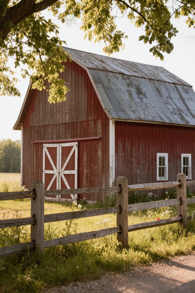 Weathered red barn with white double doors and trim, wooden post fence, and green grass in late afternoon light