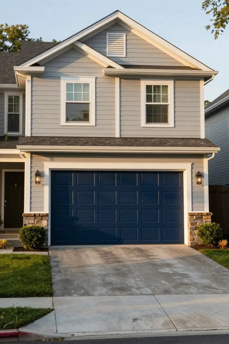 Two-story house with cool light gray siding, white trim, navy blue garage door, and stone base in afternoon light