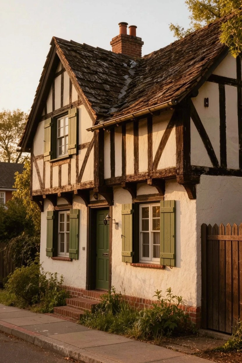 Tudor-style house painted in creamy white with black timber framing, green shutters and door, surrounded by autumn foliage