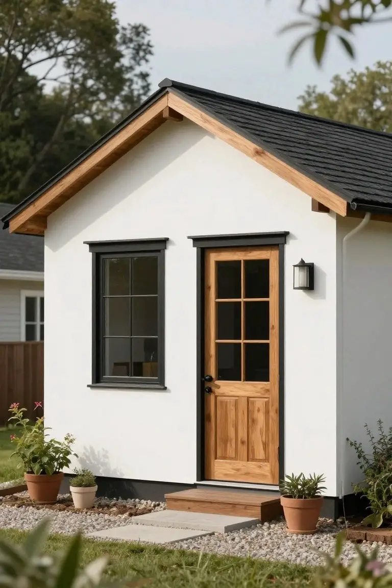 Crisp white exterior on a small shed with black window frames, wood door, and simple landscaping