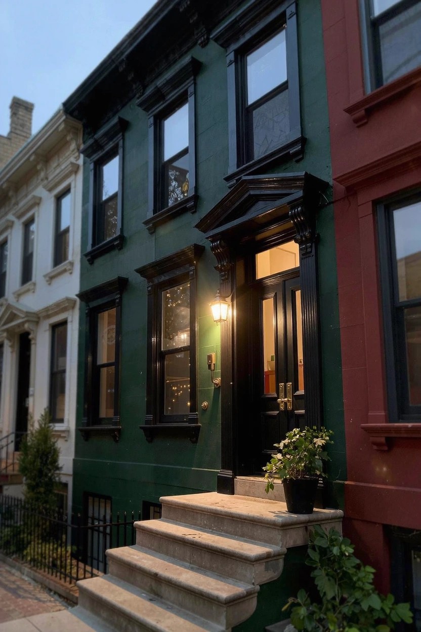 Deep green rowhouse exterior with black door, stone steps, and subtle evening lighting next to white and red neighbors