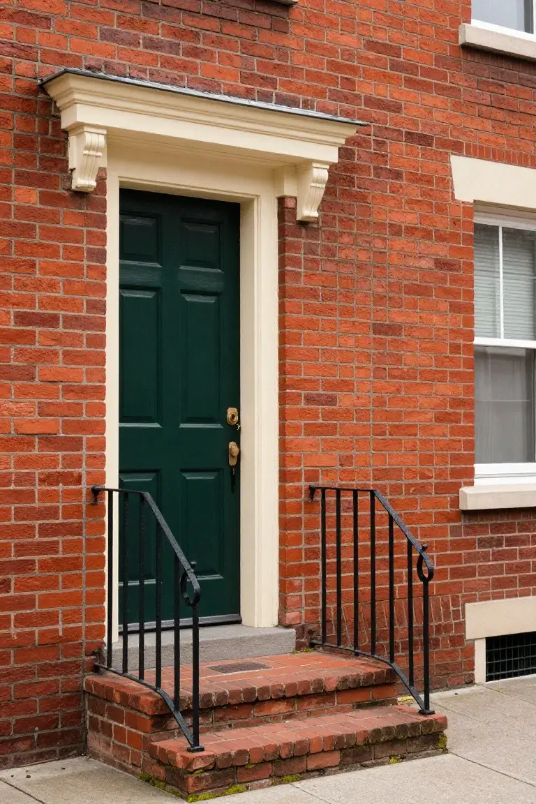 Traditional brick house exterior featuring a deep green front door with cream trim and black railings on stone steps