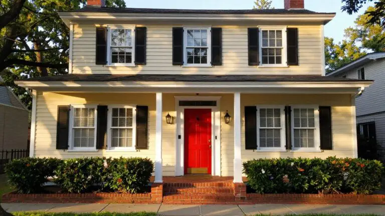Soft pale yellow clapboard house exterior with black shutters, white columns, red door, brick path, and green shrubs