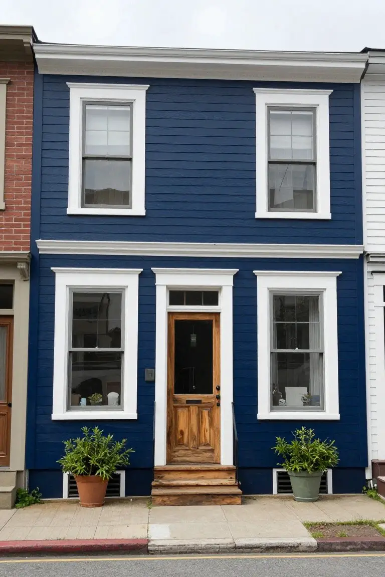 Row house exterior in deep navy blue siding with white trim and wooden door