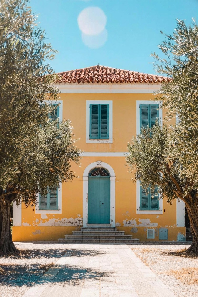 Ochre yellow stucco house exterior with green shutters and door, olive trees on either side