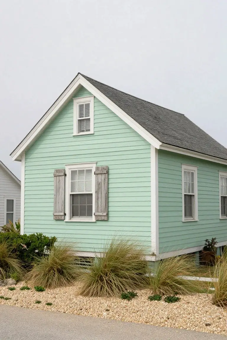 Pale mint green house exterior with white trim, wood shutters, and coastal landscaping