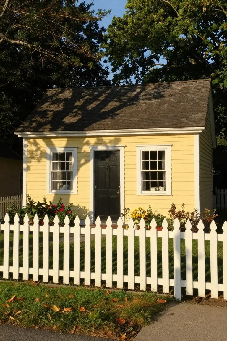 Small yellow cottage with white trim, black front door, and white picket fence amid flower beds