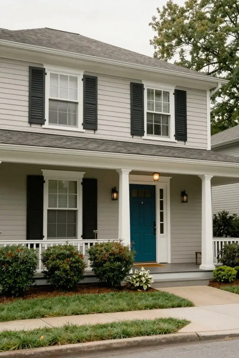 Two-story house painted in light greige siding with white trim, black shutters, and teal front door