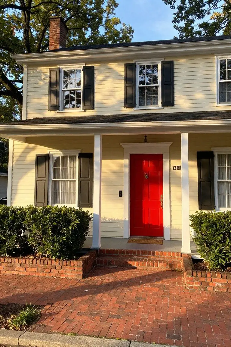Soft pale yellow clapboard house exterior with black shutters, white columns, red door, brick path, and green shrubs